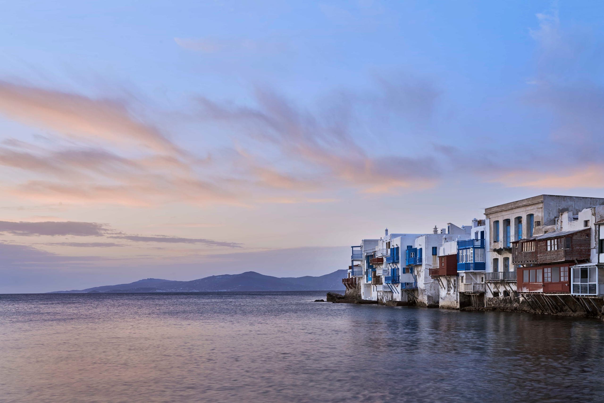 Little Venice waterfront houses at dusk, Mykonos Town